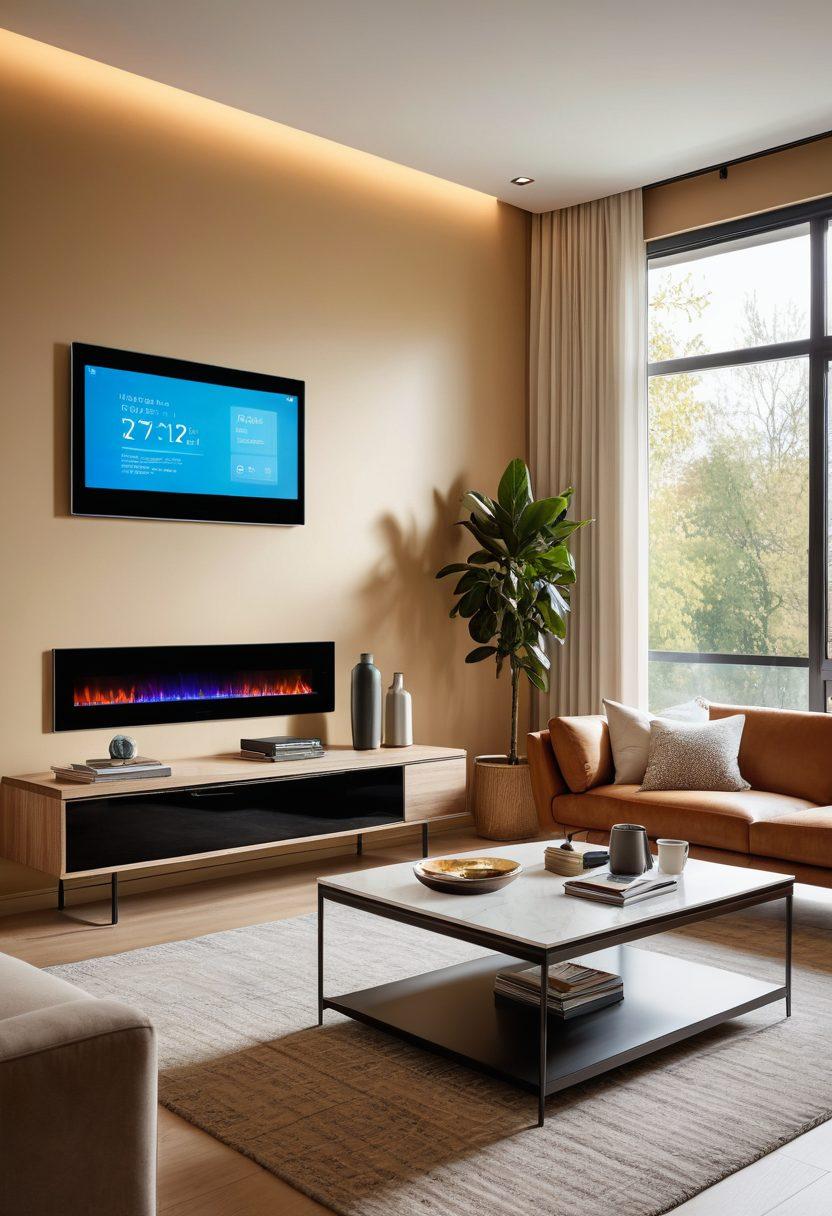 A contemporary living room filled with innovative smart home devices, showcasing a blend of technology and comfort. Include a sleek virtual assistant on a stylish coffee table, an interactive digital display with trends or news, and modern furniture emphasizing functionality. Use warm lighting to create a cozy atmosphere. minimalistic and clean design. vibrant colors. super-realistic.