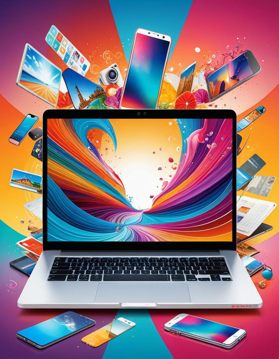 A dynamic collage showcasing the evolution of digital lifestyle content, featuring a laptop, smartphone, and a social media feed overflowing with vibrant images of travel, fashion, and food. The background includes abstract representations of technology and connectivity, symbolizing the digital transformation. The colors should be bright and engaging, inviting viewers into a world of inspiration. super-realistic. vibrant colors. modern design.