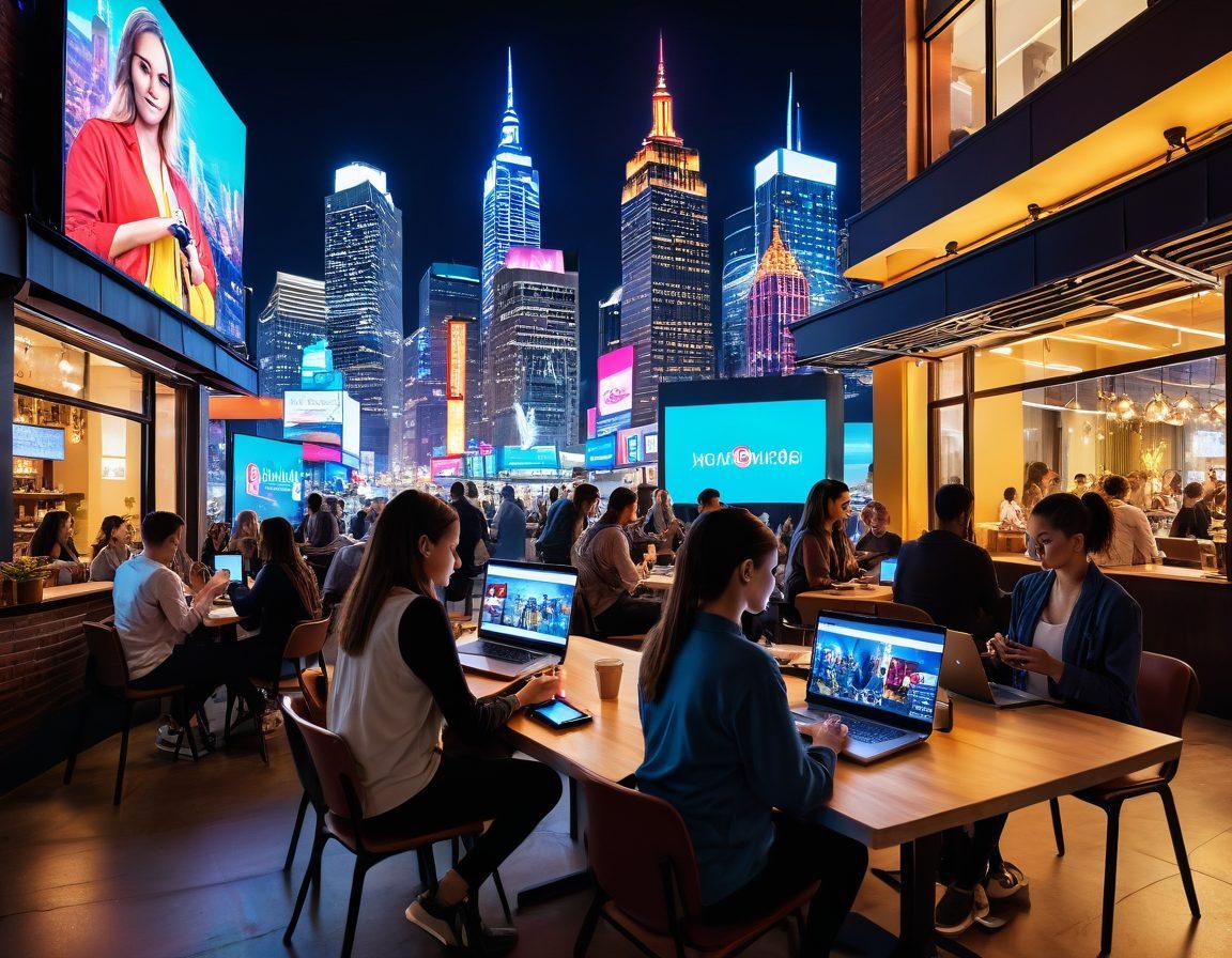 A collage showcasing diverse digital lifestyle themes: people engaging with technology in cozy cafes, vibrant social media interactions, wellness practices through apps, and virtual reality experiences. Incorporate dynamic cityscape in the background, symbolizing modern culture, filled with neon lights and digital billboards. Emphasize a harmonious blend of tradition and innovation. super-realistic. vibrant colors. 3D.